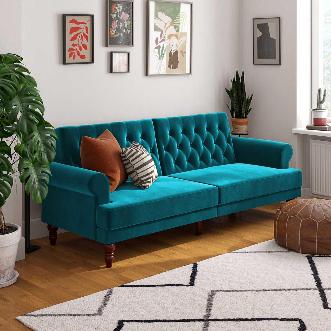 Upholstered Cassidy Futon with Rolled Arms and Button Tufted Details - Green