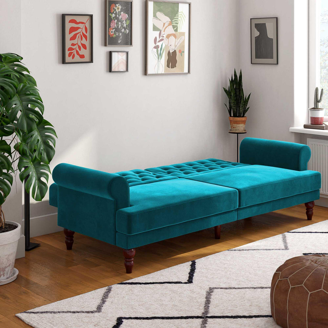 Upholstered Cassidy Futon with Rolled Arms and Button Tufted Details - Green