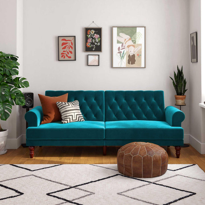 Upholstered Cassidy Futon with Rolled Arms and Button Tufted Details - Green