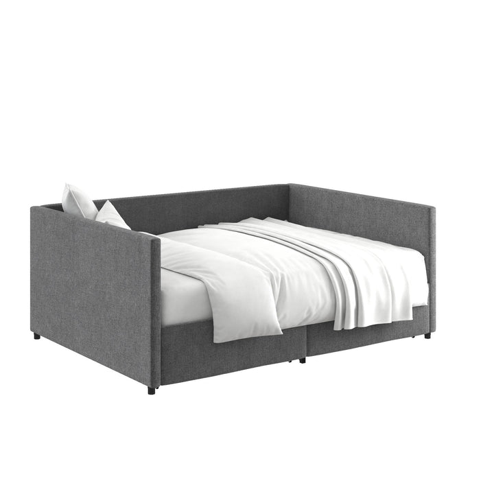 Upholstered Daybed with Wooden Slats and Storage Drawers - Grey Linen - Full