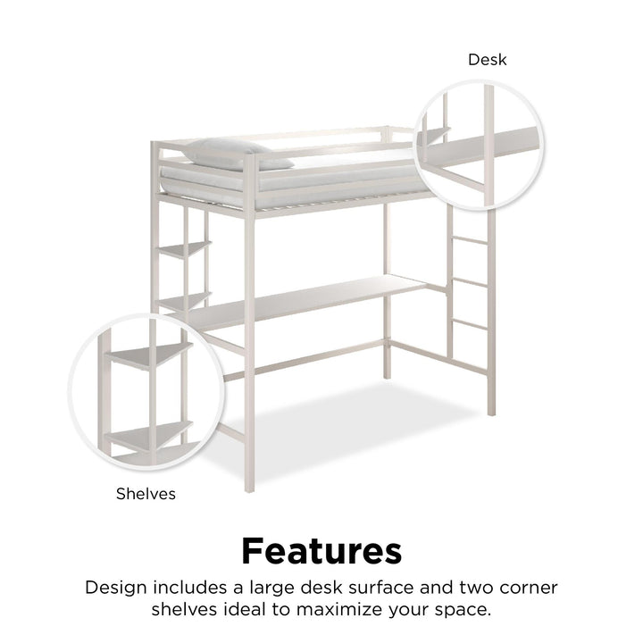 Maxwell Metal Twin Loft Bed with Desk & Shelves - White - Twin