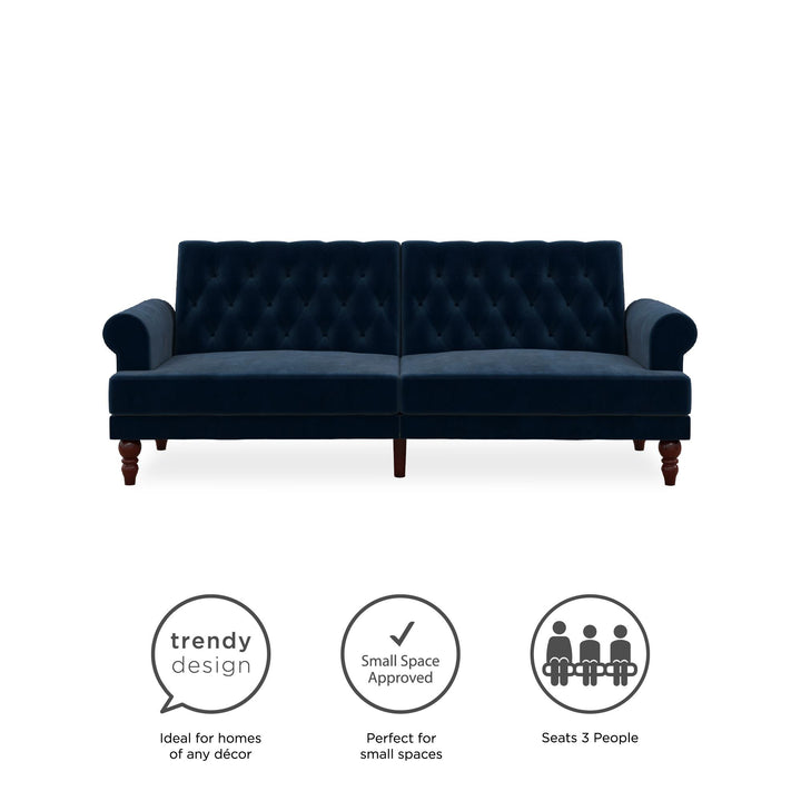 Upholstered Cassidy Futon with Rolled Arms and Button Tufted Details - Blue