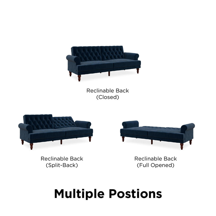 Upholstered Cassidy Futon with Rolled Arms and Button Tufted Details - Blue