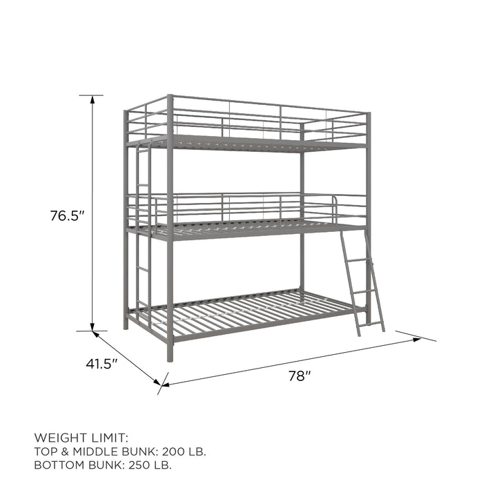 Everleigh Metal Triple Bunk Bed with Metal Slats and 2 Integrated Ladders - Silver - Twin-Over-Twin