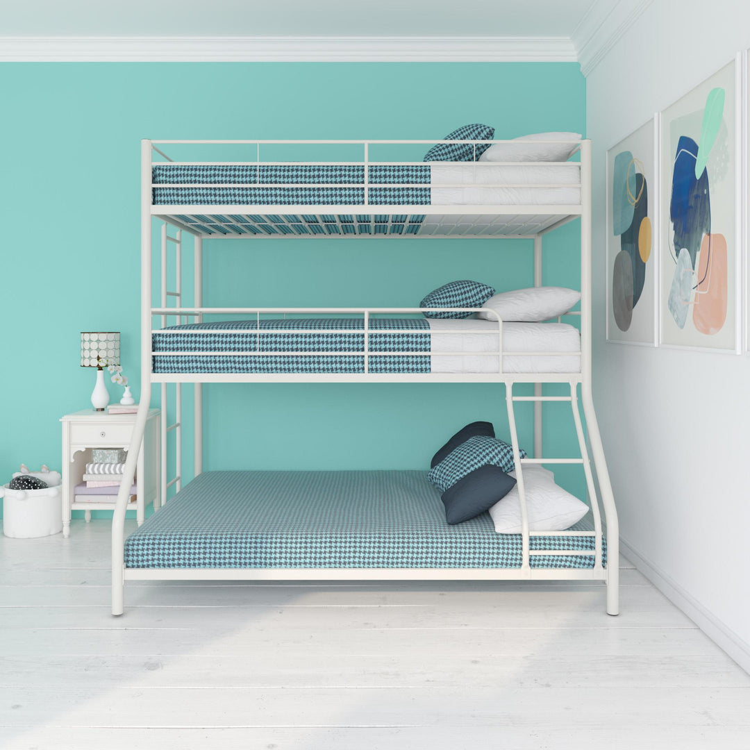 Metal Triple Bunk Bed with Metal Slats and 2 Integrated Ladders - White - Twin-Over-Full