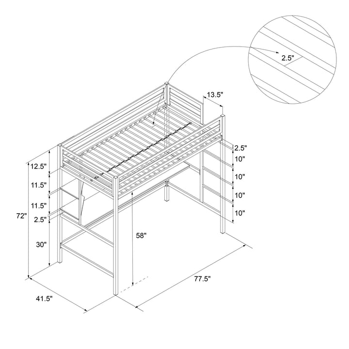 Maxwell Metal Twin Loft Bed with Desk & Shelves - White - Twin