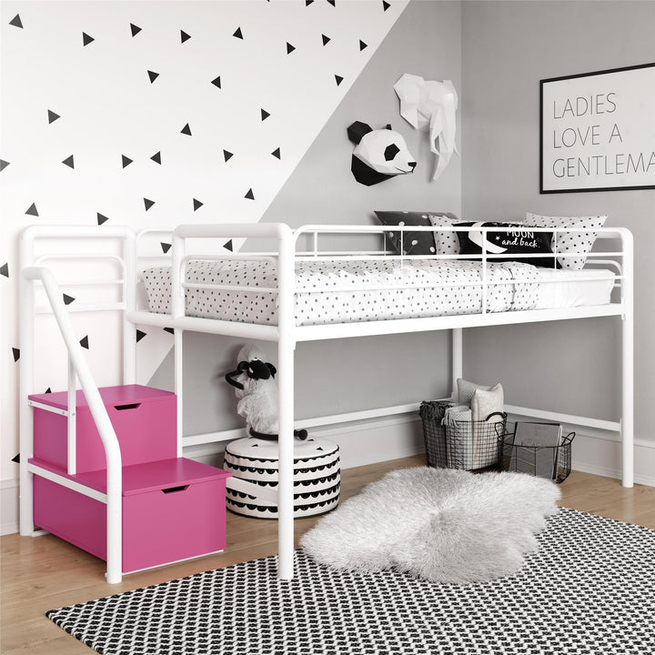 San Junior Low-Height Twin Loft Bed with Storage Steps - White - Twin