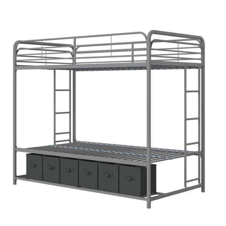 Travis Twin over Twin Metal Bunk Bed with Storage Bins - Silver - Twin-Over-Twin