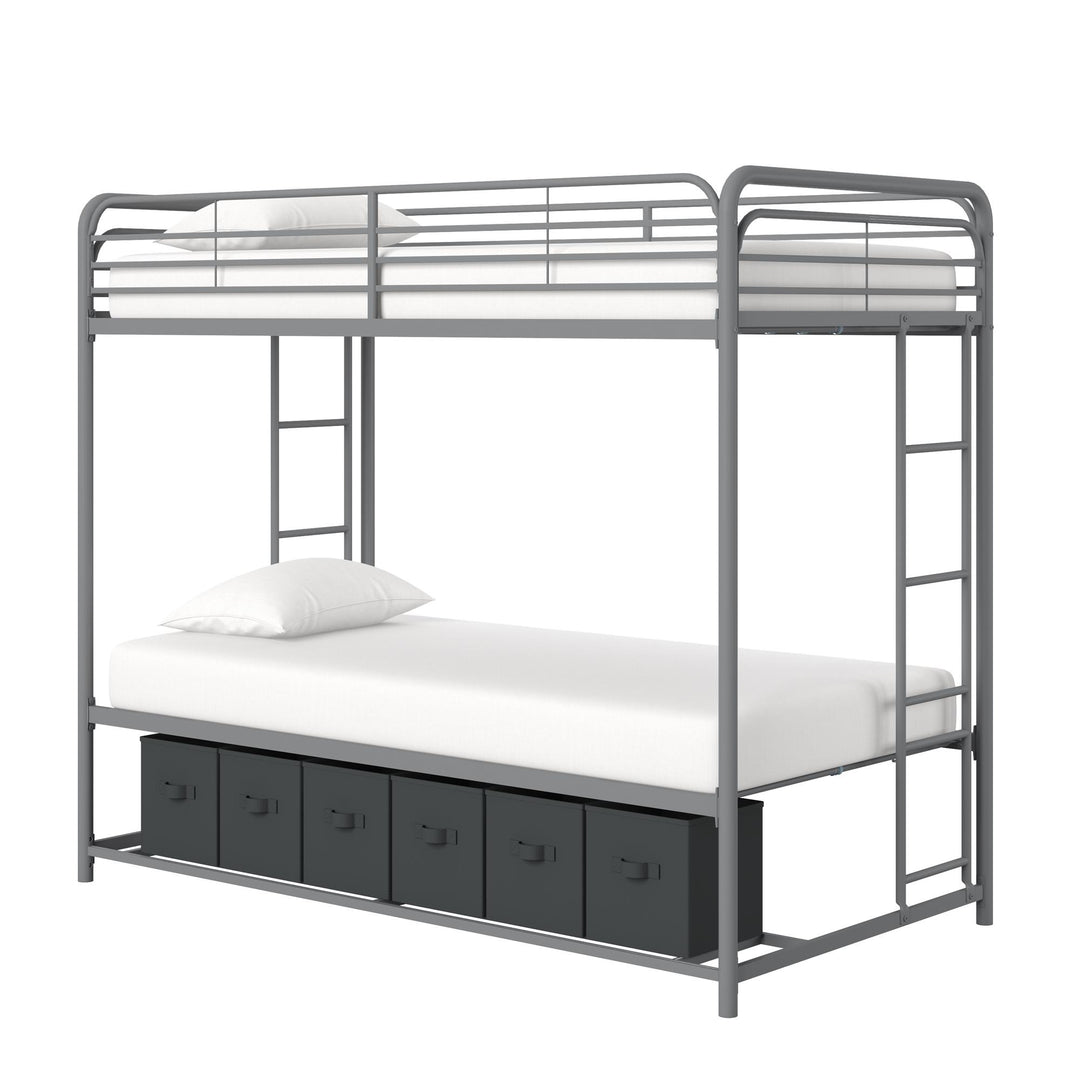 Travis Twin over Twin Metal Bunk Bed with Storage Bins - Silver - Twin-Over-Twin