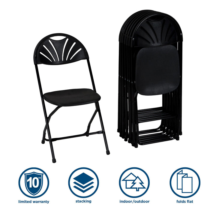 Commercial Fan Back Plastic Folding Stacking Chairs, Set of 8 - Black - 8-Pack