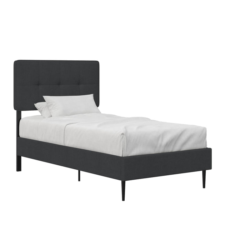 Tyler Linen Upholstered Bed with Square Tufted Headboard and Wooden Frame - Dark Gray - Twin