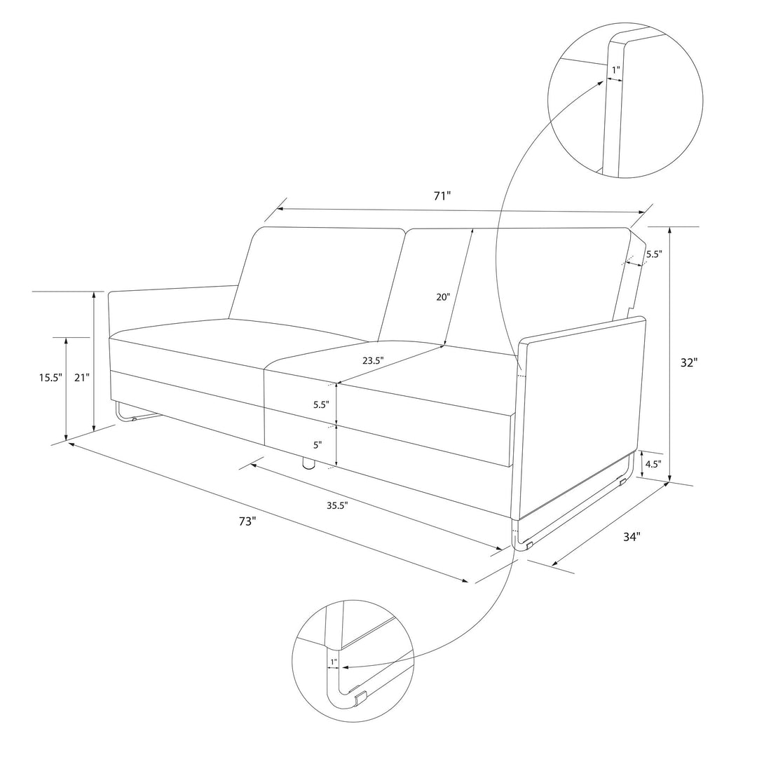 Pembroke Convertible Futon with Armrests and Metal Sleigh Legs - Gray