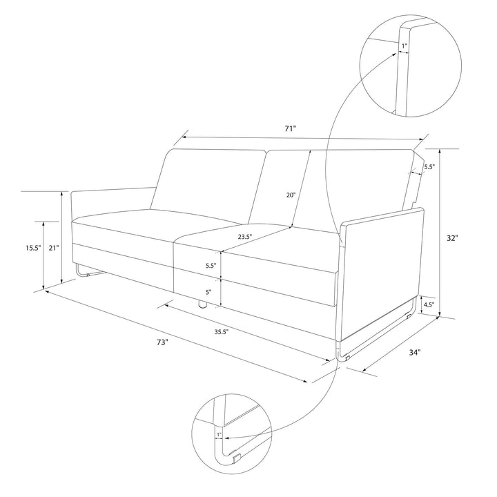 Pembroke Convertible Futon with Armrests and Metal Sleigh Legs - Gray