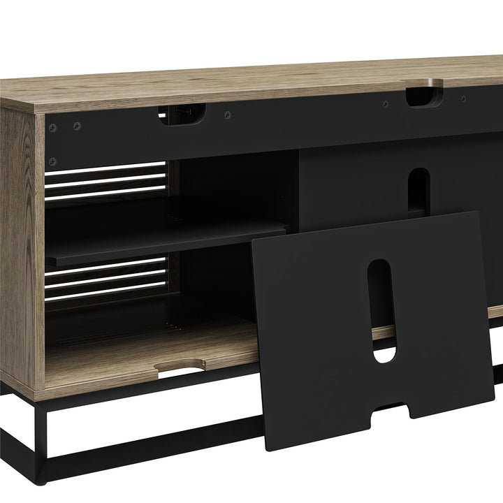 68 Inch Media Console with Beveled Steel Base for TVs up to 77 Inches - Sterling Oak Veneer