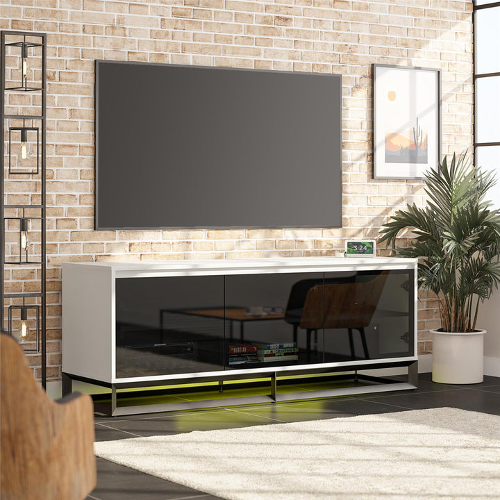 68 Inch Media Console with Beveled Steel Base for TVs up to 77 Inches - White