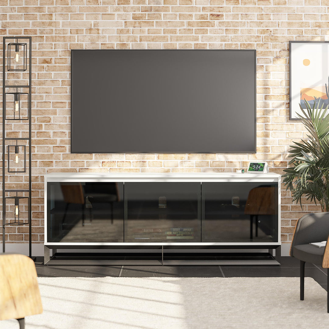 68 Inch Media Console with Beveled Steel Base for TVs up to 77 Inches - White