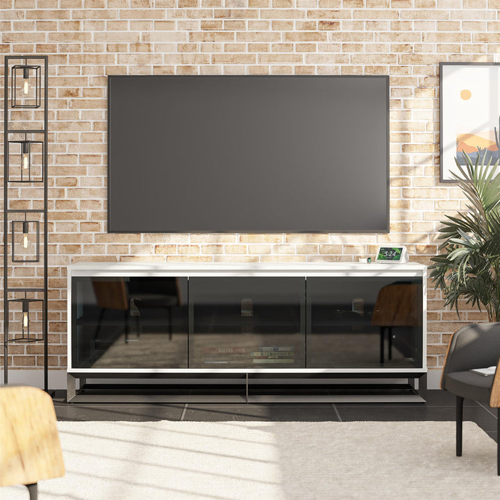 68 Inch Media Console with Beveled Steel Base for TVs up to 77 Inches - White