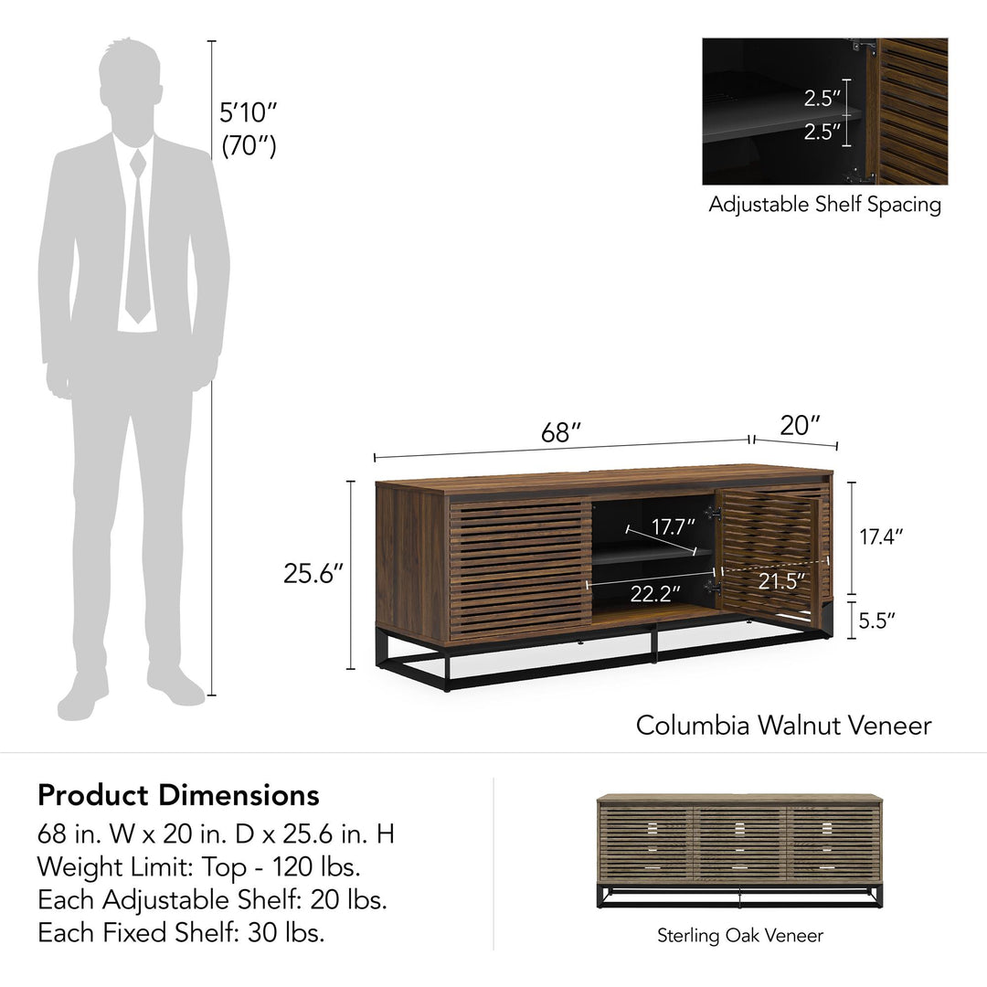 68 Inch Media Console with Beveled Steel Base for TVs up to 77 Inches - Sterling Oak Veneer