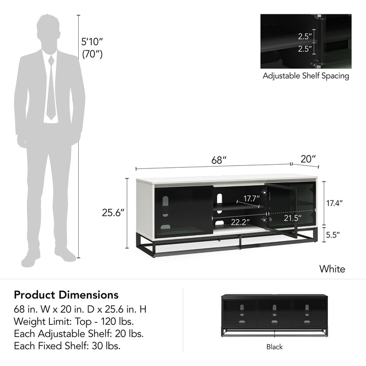 68 Inch Media Console with Beveled Steel Base for TVs up to 77 Inches - White