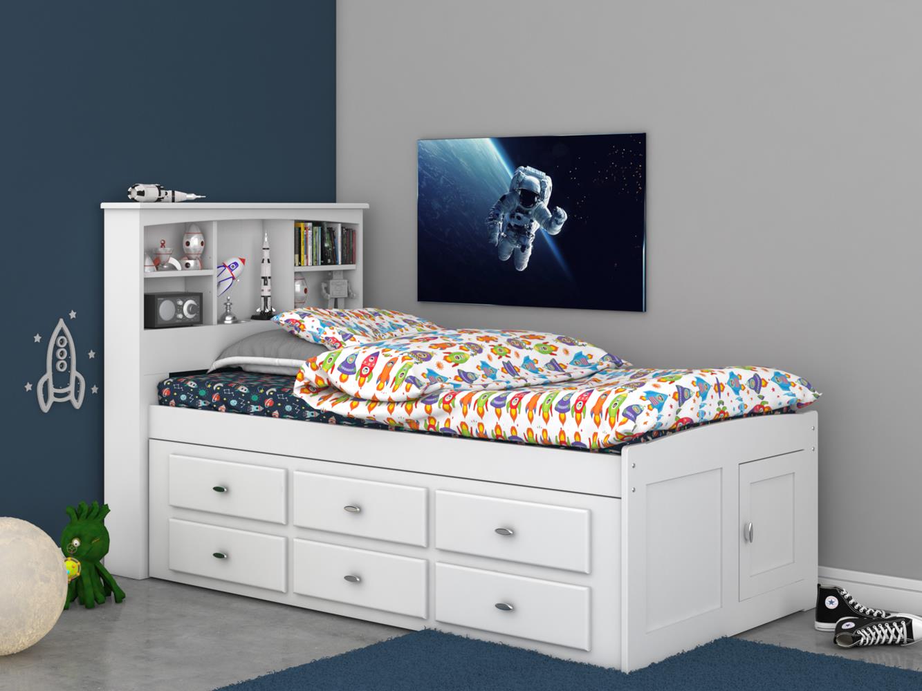 White twin bed store with storage