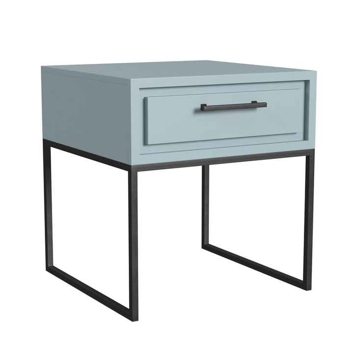 Perry End Table with 1 Drawer and a Black Metal Base - Powder Blue