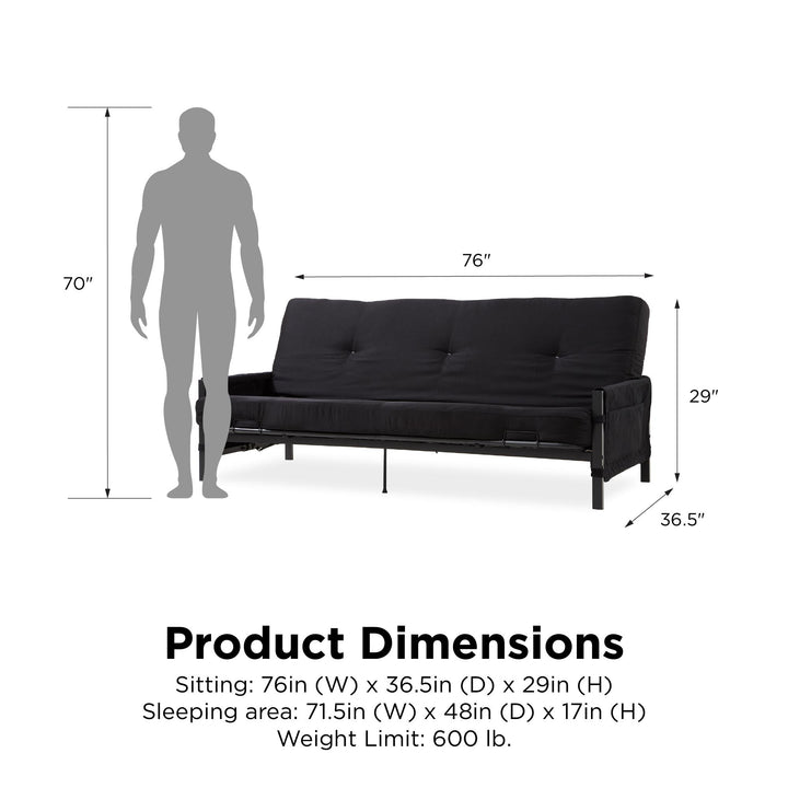 Fairview Metal and Storage Arm Futon with 6 Inch Mattress - Black